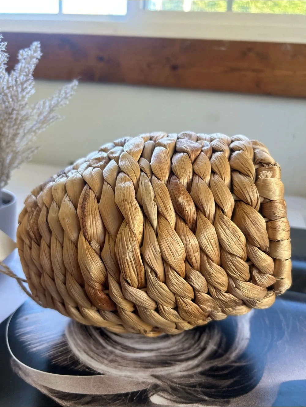 Natural Woven Accent Vase - Brown Small Rattan Vase for Flowers, Rustic Deco